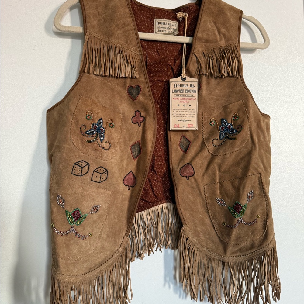 Ralph Lauren Double RL Tan Suede Vest with Embroidery